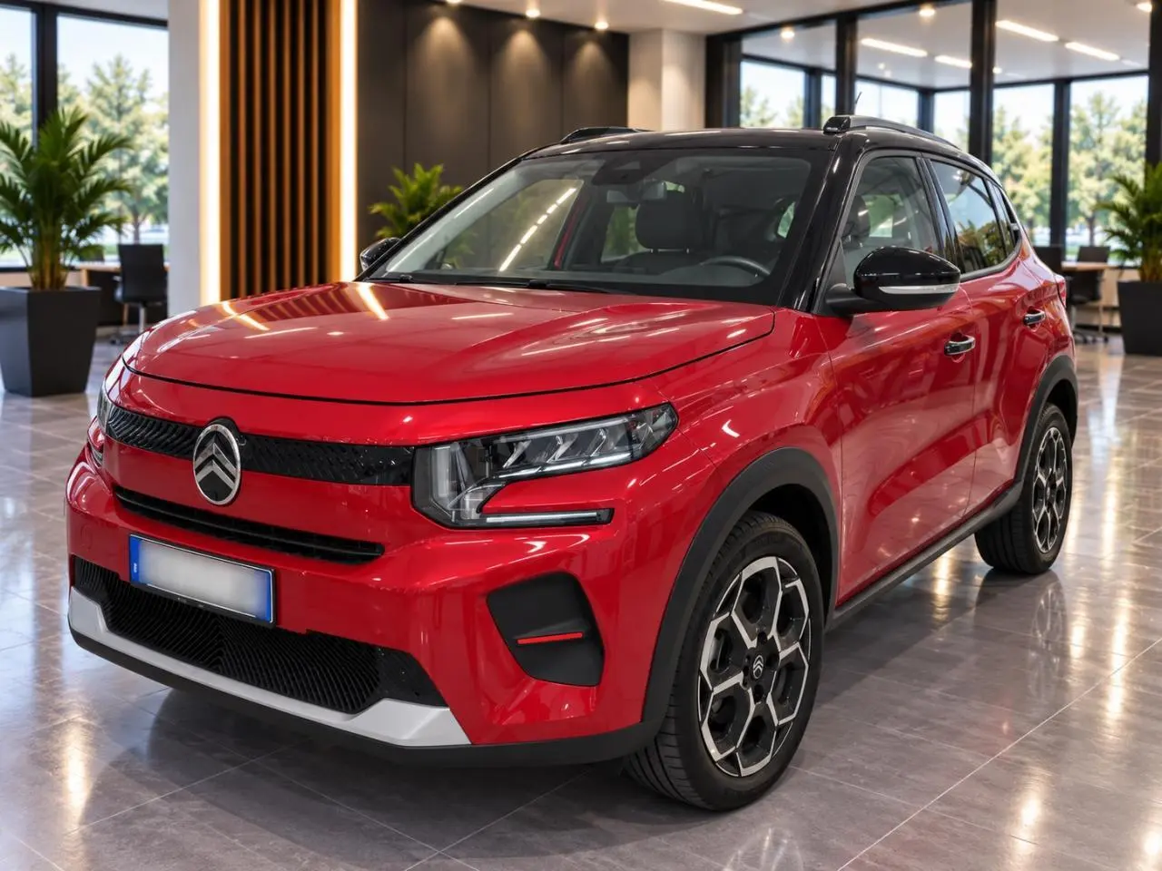 Citroën C3 ë-113 Berline Max 2025 rouge métal foncé vue 3/4 avant droit en intérieur showroom.