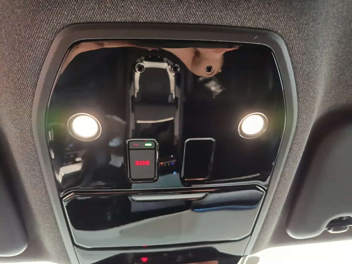 Vue intérieure en gros plan du plafonnier noir brillant avec bouton SOS éclairé et deux lampes de lecture allumées.