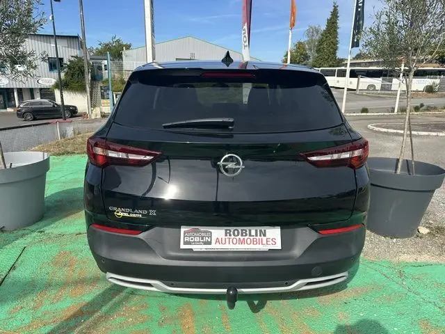 Vue arrière d'un Opel Grandland noir 2020 avec logo central et badge Ultimate, stationné sur un sol vert.