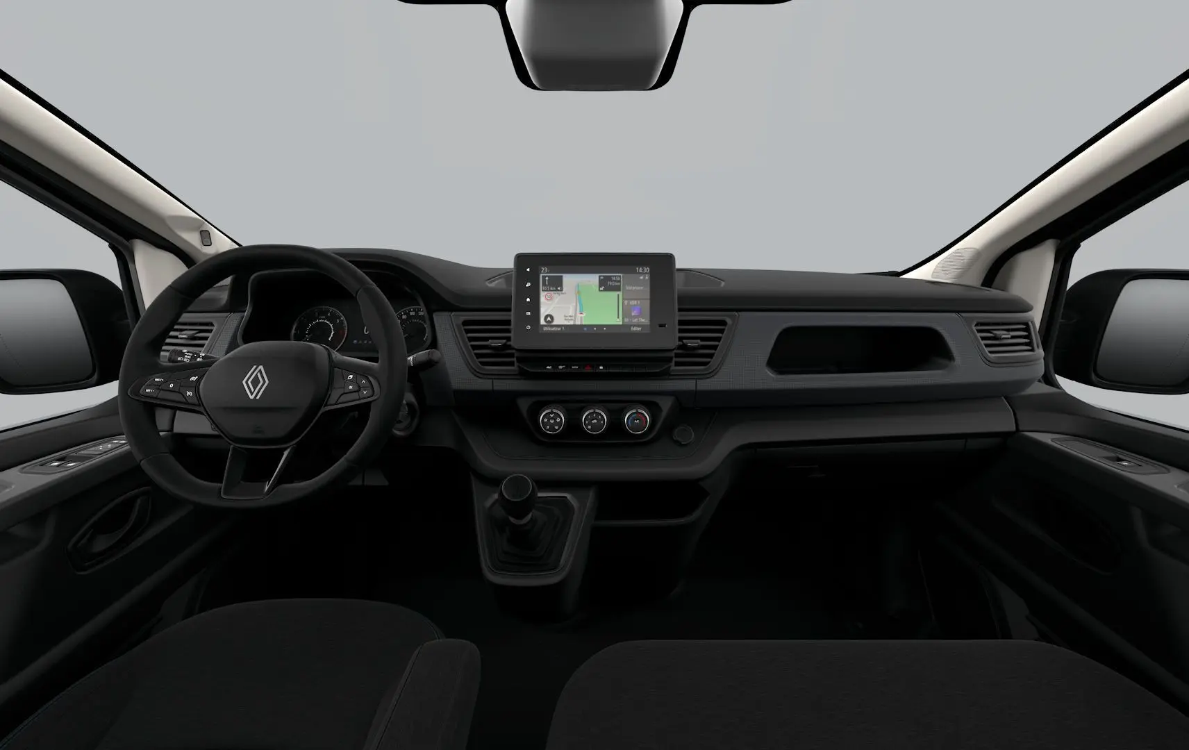 Vue 3/4 arrière droite du Renault Trafic Fourgon noir crépuscule avec portes arrière fermées et feux arrière visibles.