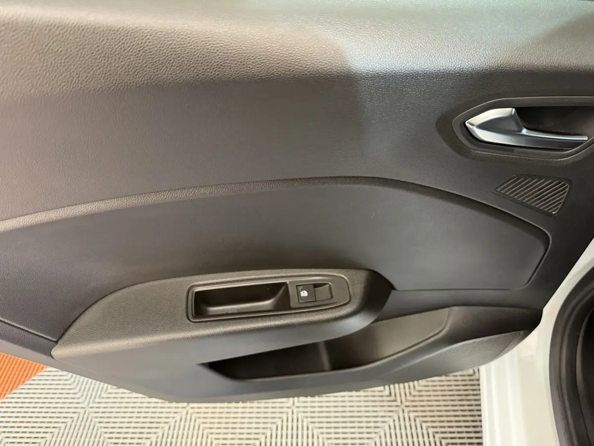 Vue intérieure de la porte avant droite noire d'une Renault Clio Business TCe 100 GPL blanche, avec poignée et commande de verrouillage.