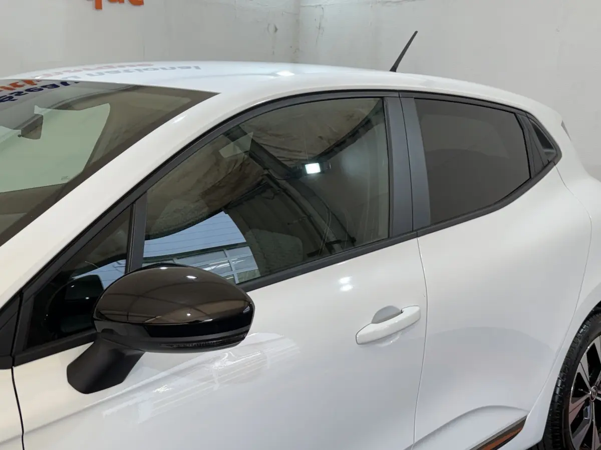 Vue côté gauche rapprochée de la Renault Clio Business TCe 100 GPL blanche avec rétroviseur noir brillant.