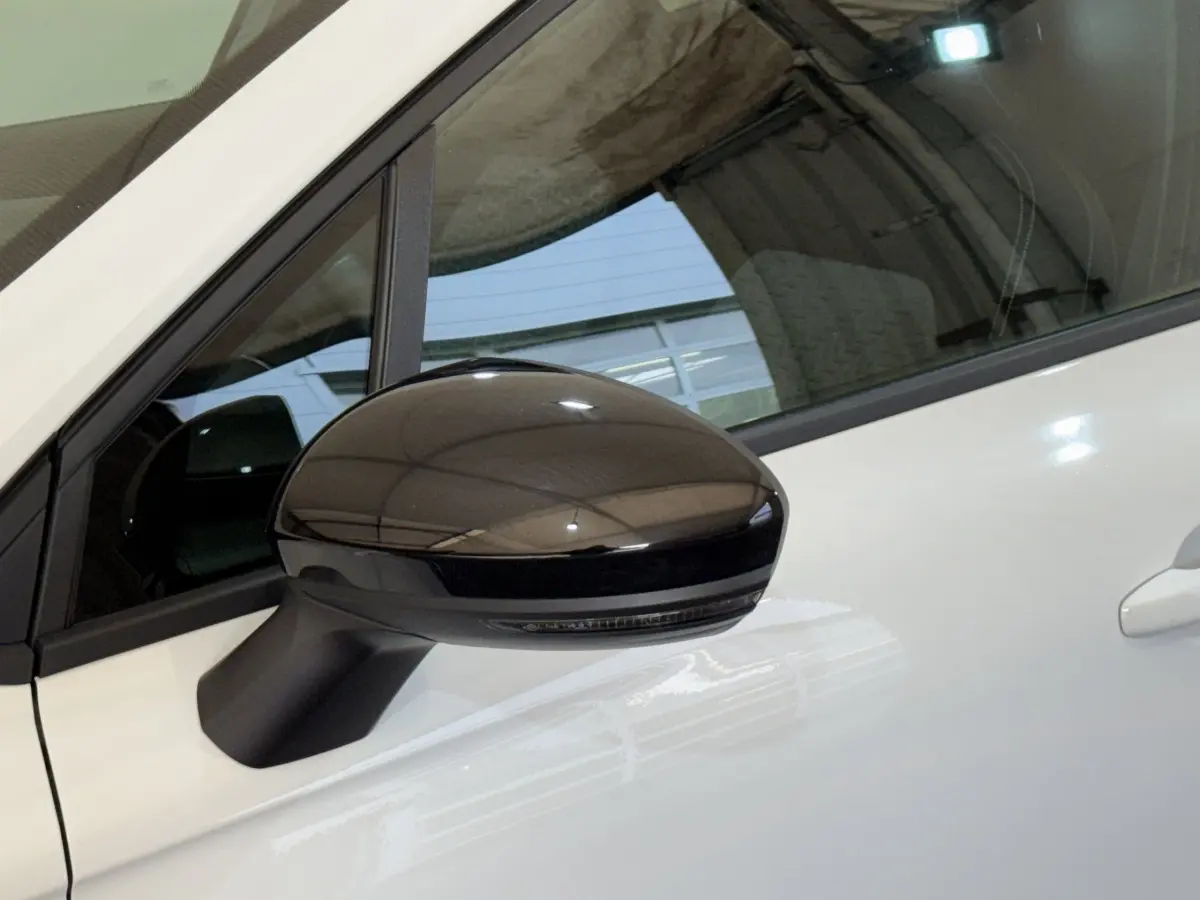 Rétroviseur noir côté gauche de la Renault Clio Business TCe 100 GPL blanc, vue rapprochée sur porte et vitre.