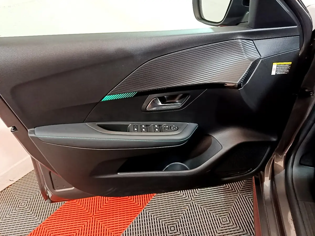 Vue intérieure côté gauche de la porte avant d'une Peugeot 208 gris foncé avec insert décoratif carbone et commandes électriques.