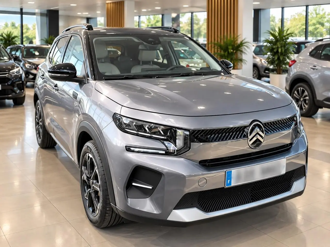 Citroën C3 ë-113 Berline Max gris Artense vue 3/4 avant en intérieur, calandre et phares LED distinctifs.
