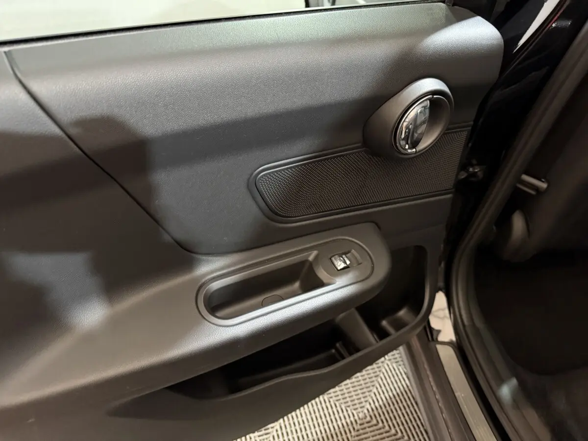 Détail de la porte intérieure côté gauche noire du MINI Countryman Cooper D Business Design 2020 avec commande de lève-vitre.