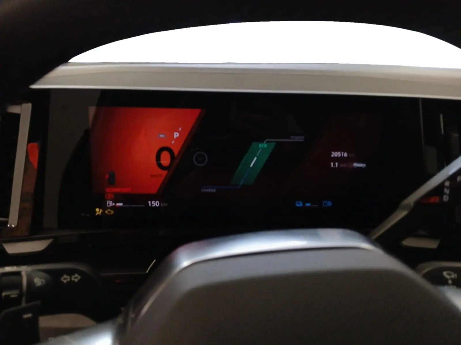 Tableau de bord numérique du Renault Austral E-Tech 2024 vu de face, affichage couleur rouge et vert, volant partiellement visible.