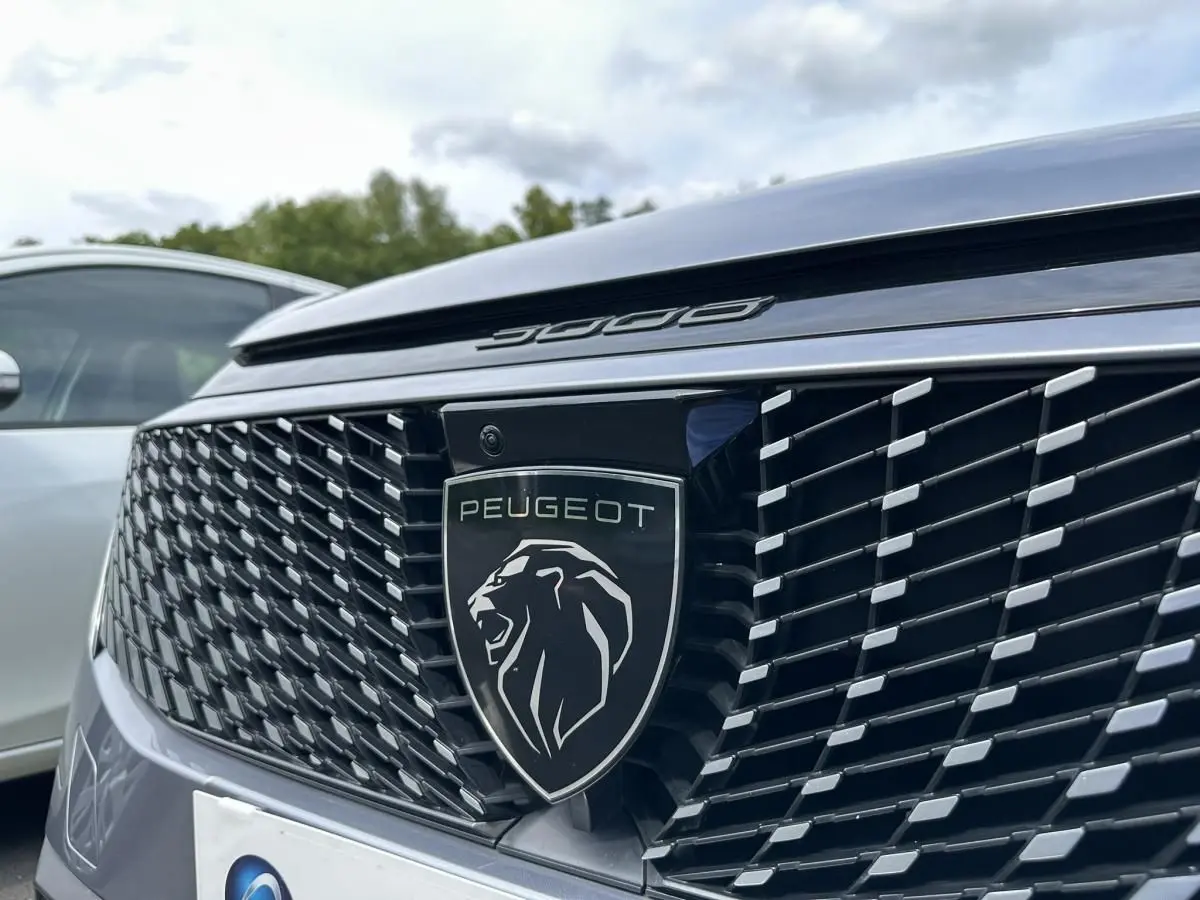 Gros plan sur la calandre avant gris Artense du Peugeot 3008 2024 avec logo lion et inscription 3008 au-dessus.