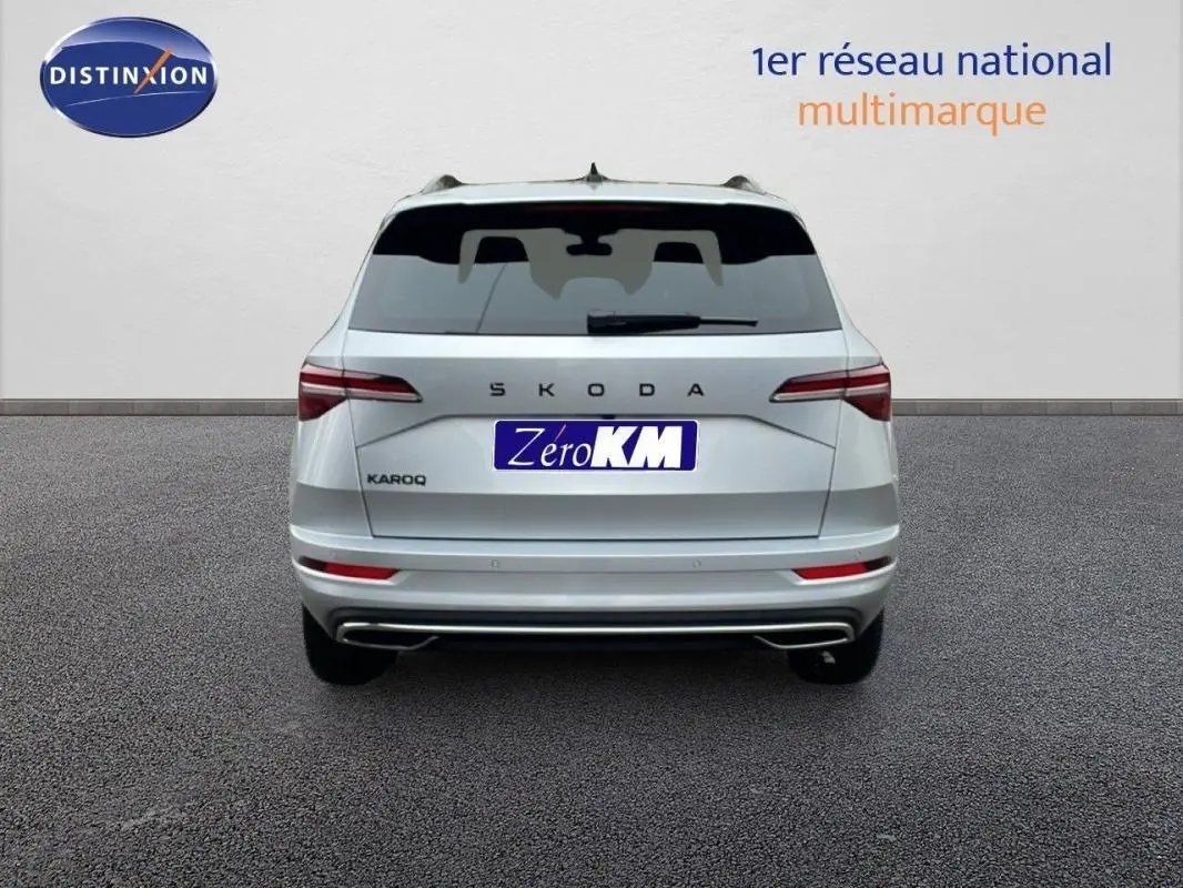 Vue arrière d'un Skoda Karoq argent 2025 avec barres de toit et feux arrière LED distinctifs.