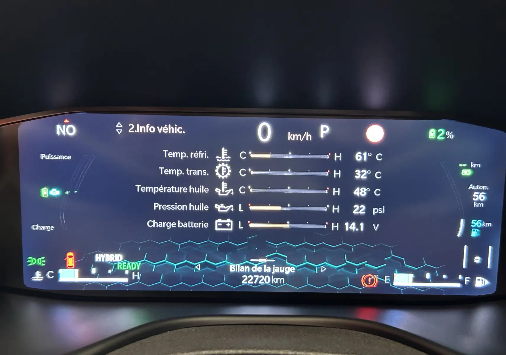 Tableau de bord numérique du Jeep Compass Limited gris, affichant les infos moteur et batterie en mode hybride.