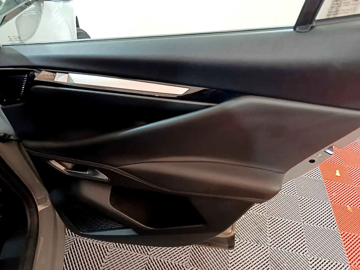 Gros plan sur la porte intérieure côté gauche du DS4 E-TENSE 225 TROCADERO gris foncé avec garniture noire et insert argenté.