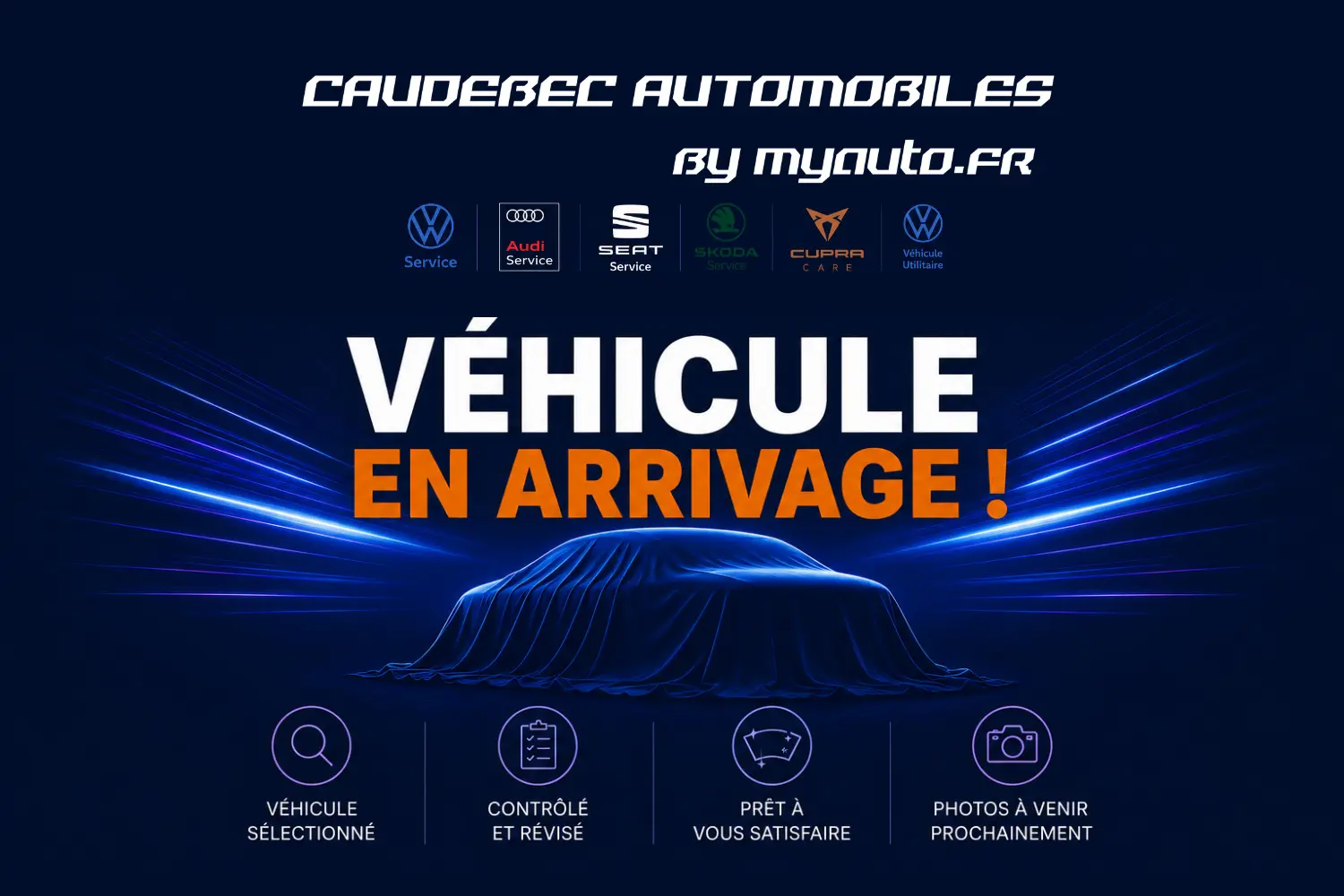 Silhouette d’un véhicule couvert d’une housse bleue sur fond sombre, annonçant un Volkswagen Tiguan gris bientôt disponible.