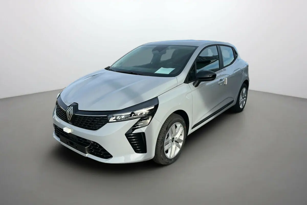 Renault Clio DCI 100 Evolution gris rafale vue 3/4 avant droit avec phares full LED et jantes alliage.