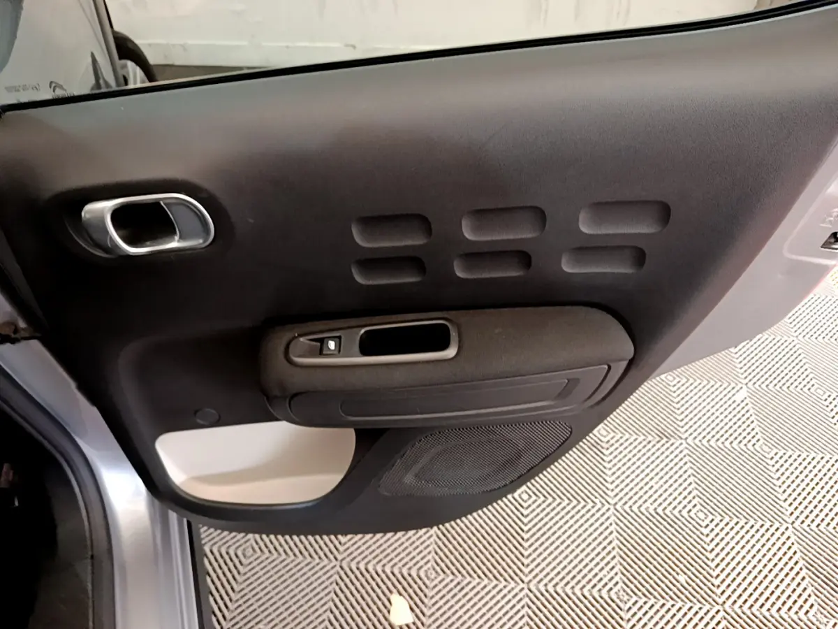Gros plan sur la porte avant gauche gris clair de la Citroën C3 2019 avec poignée chromée et haut-parleur intégré.