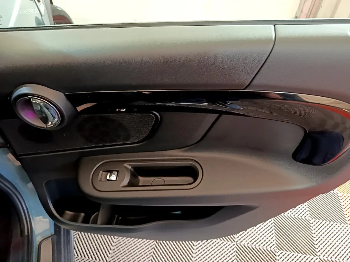 Vue rapprochée de la porte côté gauche d'une MINI Countryman hybride verte, avec poignée et haut-parleur intégrés.