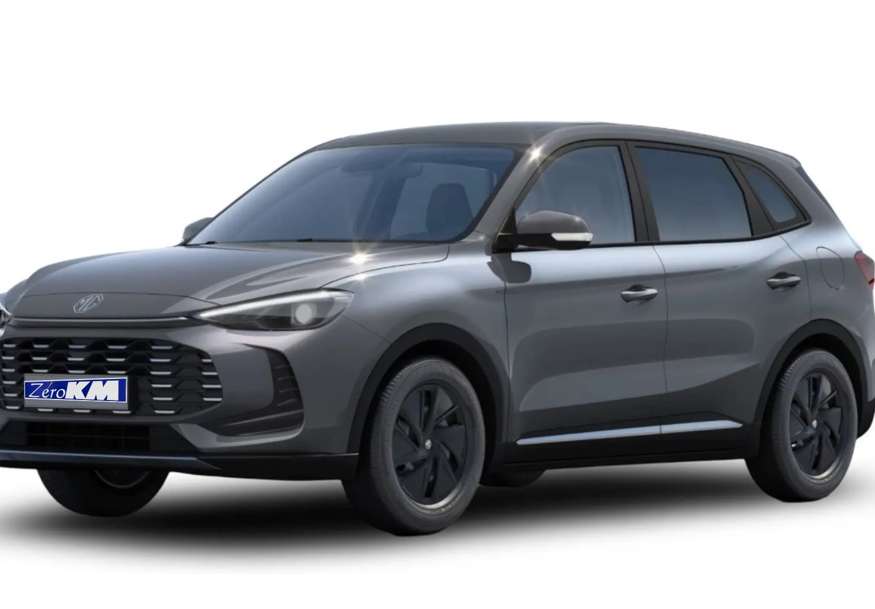 MG ZS 1.5 L Hybrid+ 2025 en Hampstead Grey, vue 3/4 avant droit avec calandre noire et jantes foncées.