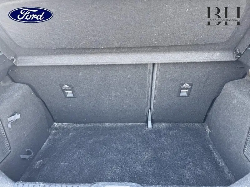 Vue intérieure du coffre spacieux et propre de la Ford Fiesta gris lunaire, avec banquette arrière rabattable visible.