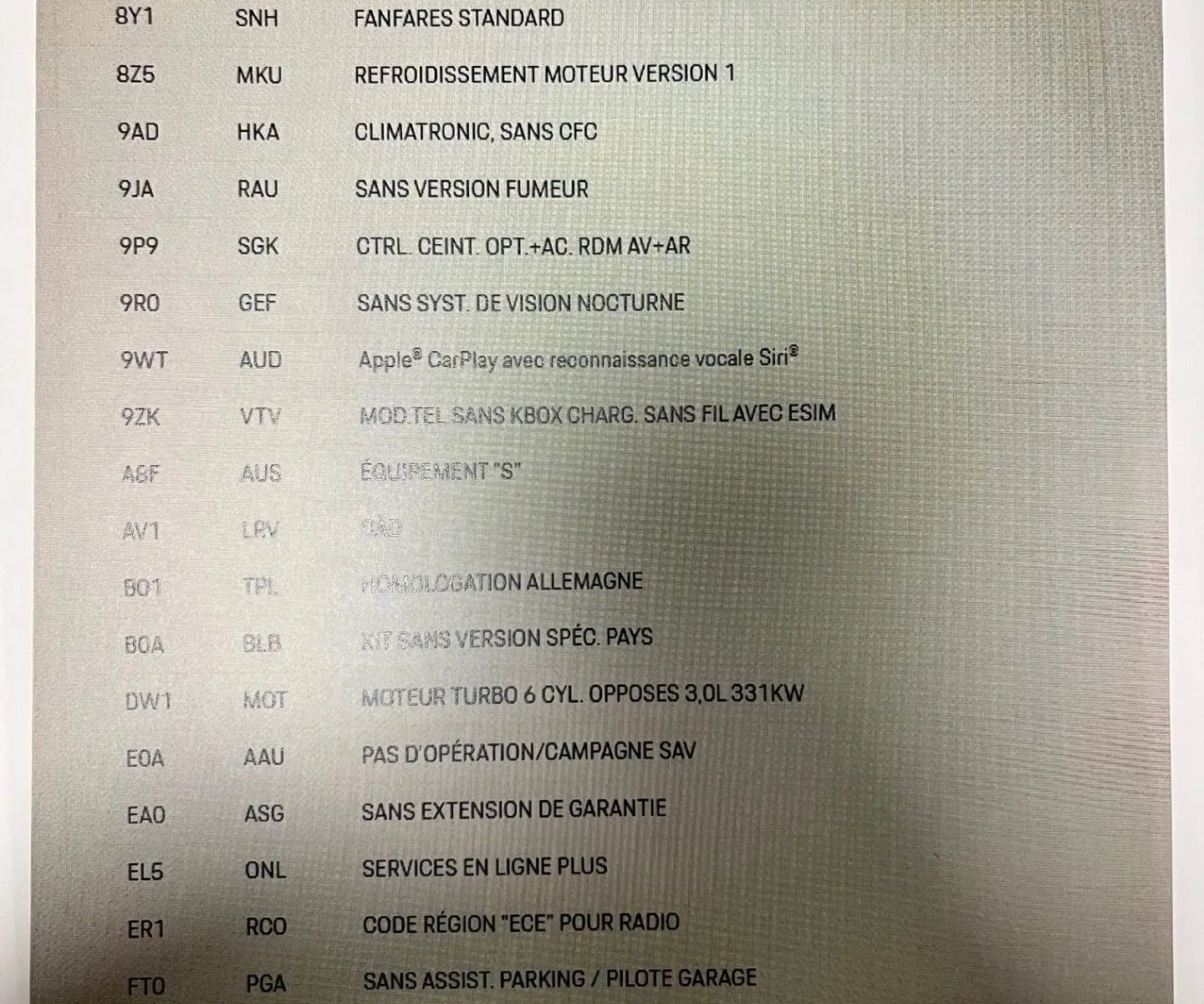 Image montrant un écran listant les options techniques et équipements d'une Porsche 911 Carrera S 992 argent GT.