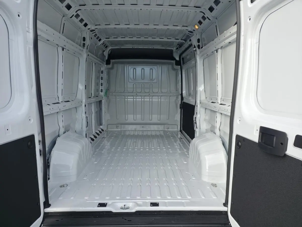 Vue intérieure arrière du fourgon FIAT Ducato blanc tôlé, montrant l'espace de chargement vide et les parois métalliques.