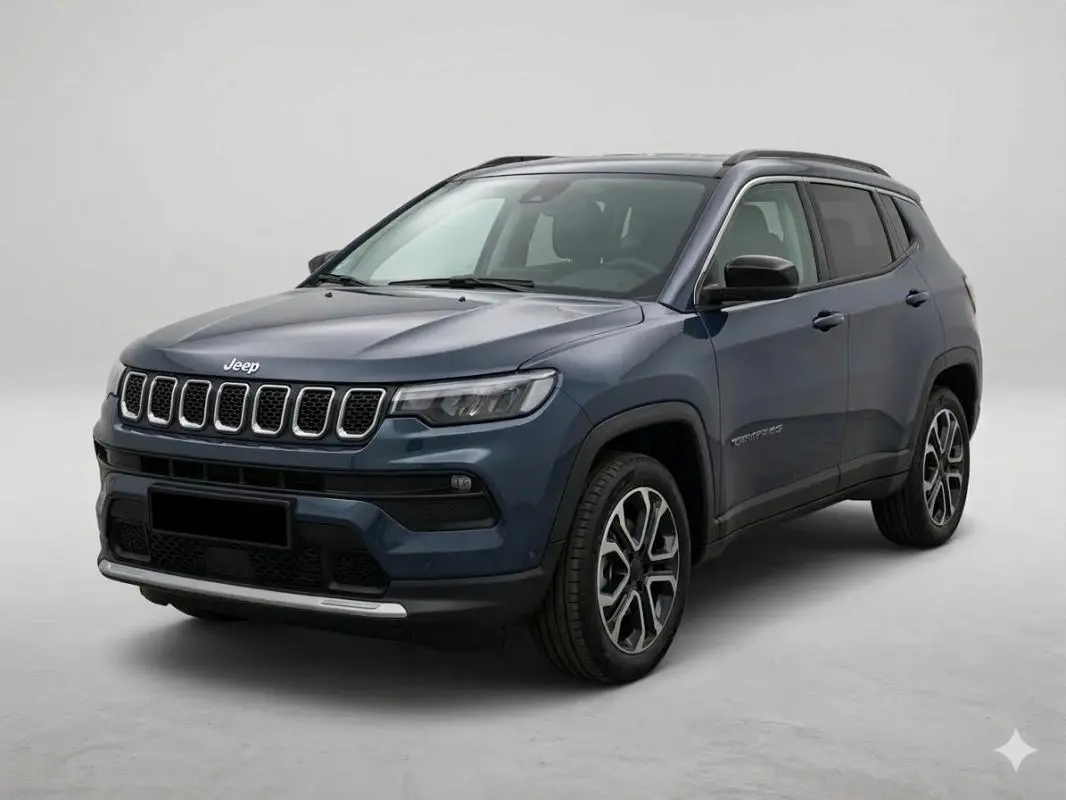 Jeep Compass bleu 2024 en vue 3/4 avant droit, avec calandre à sept fentes et jantes alliage 18 pouces.