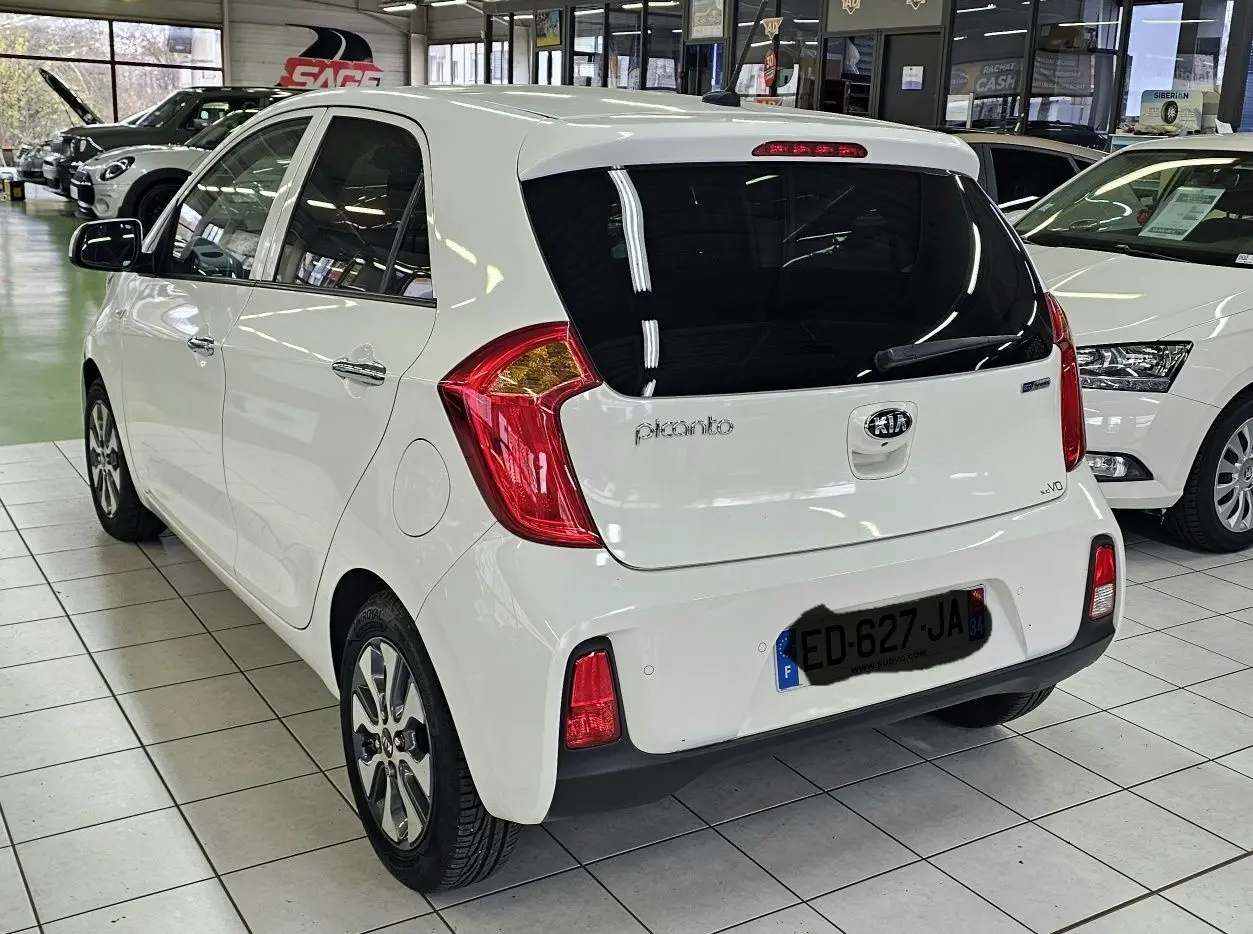 Vue 3/4 arrière droite d'une KIA Picanto blanche 2016 en showroom, avec vitres teintées et feux arrière rouges.