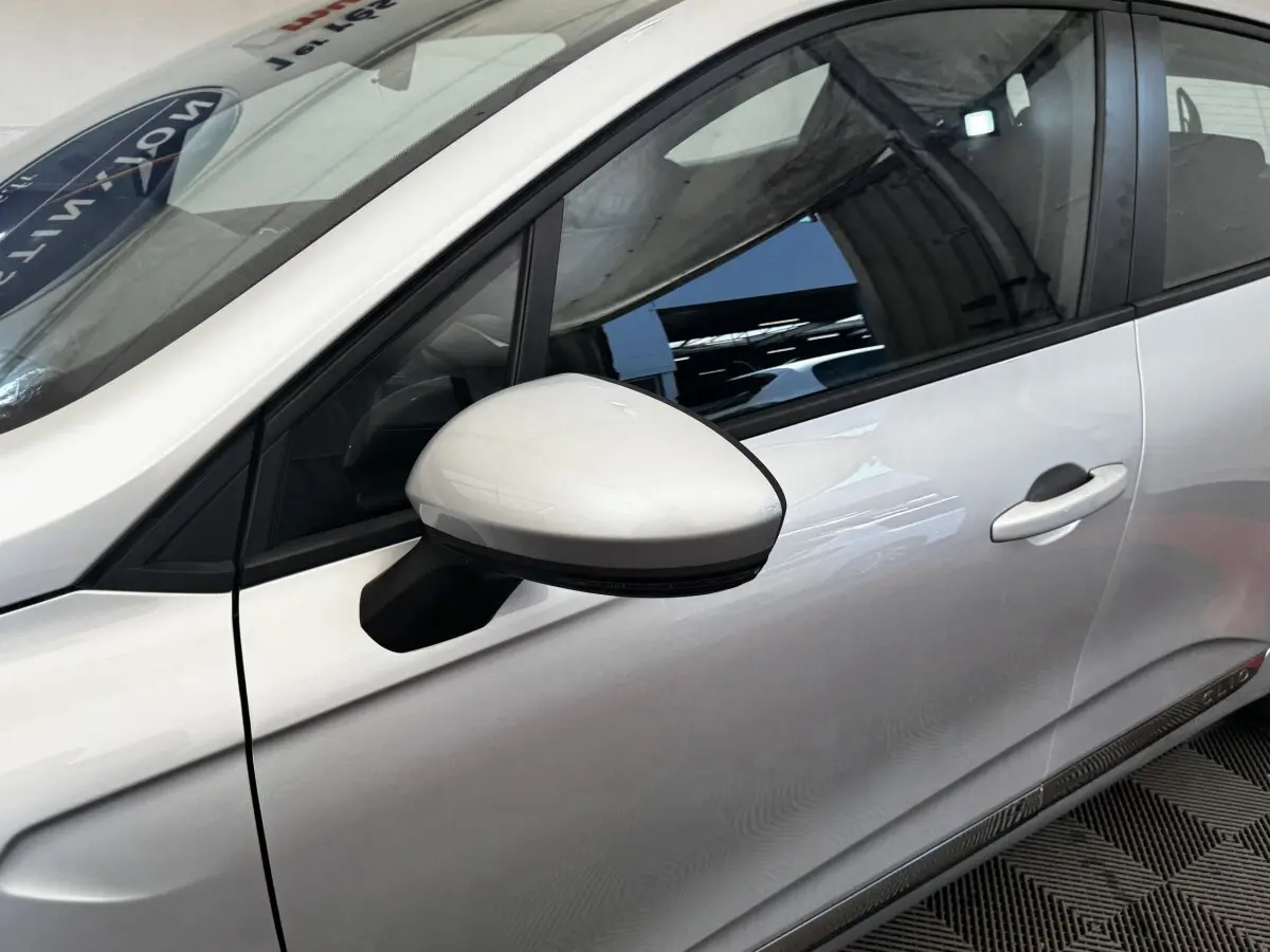 Vue rapprochée du côté gauche de la Renault Clio Business E-TECH 140 gris clair, mettant en valeur le rétroviseur et la portière.