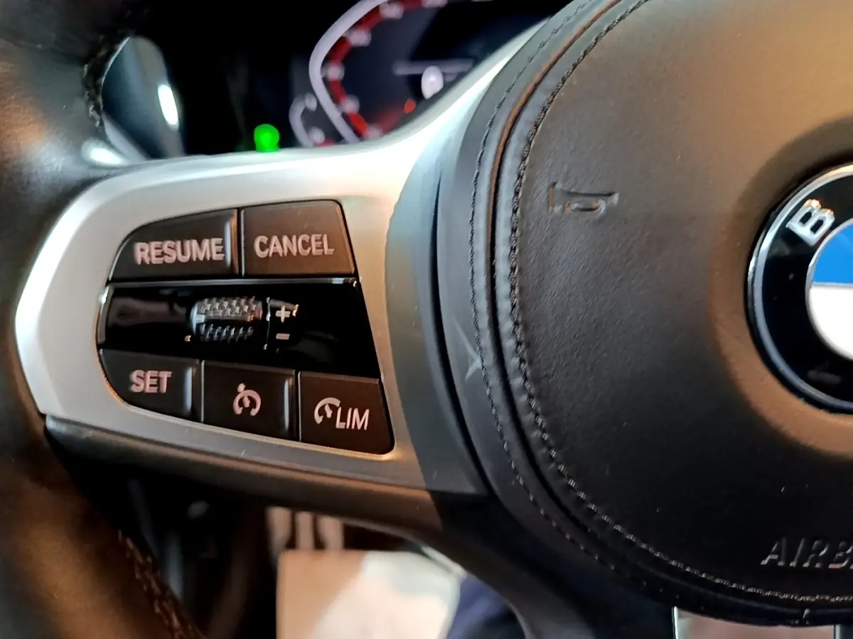 Gros plan sur les commandes de régulateur de vitesse à gauche du volant cuir noir de la BMW Série 3 318i M Sport.