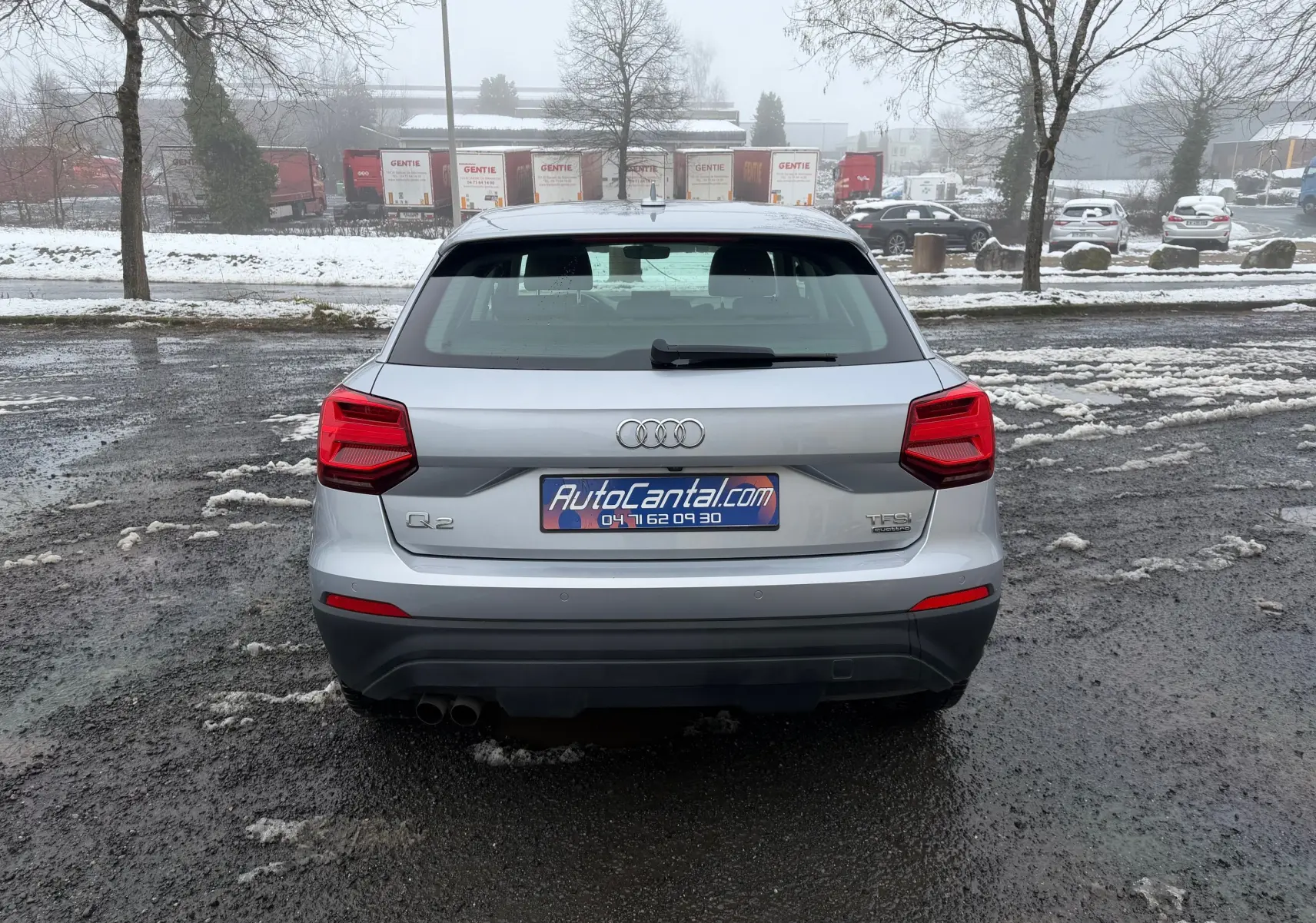 Vue arrière d'un Audi Q2 gris aluminium 2017 avec feux rouges distinctifs et double sortie d'échappement.