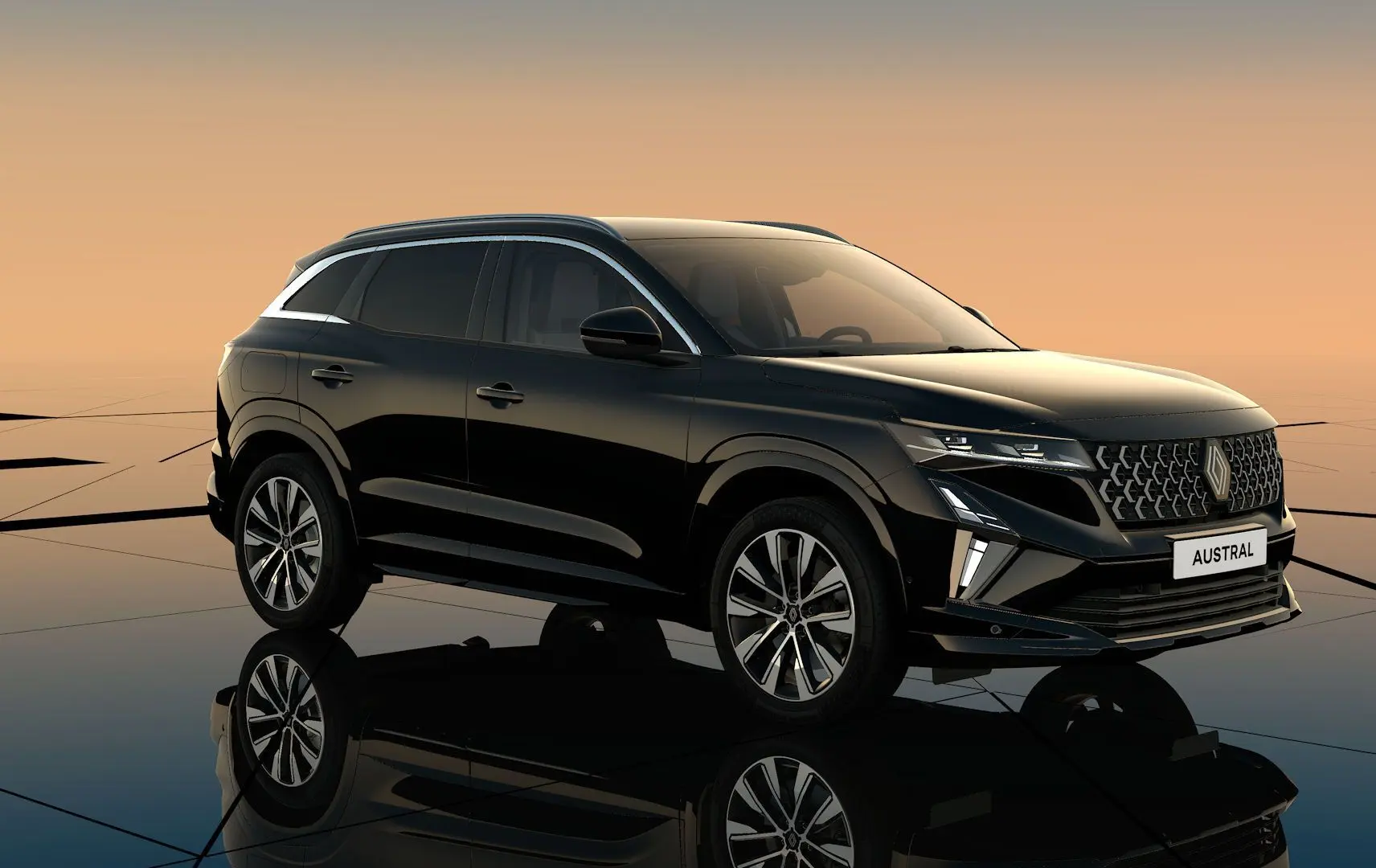 Renault Austral Full Hybrid noir étoile en 3/4 avant droit, avec calandre distinctive et jantes alliage 19 pouces.