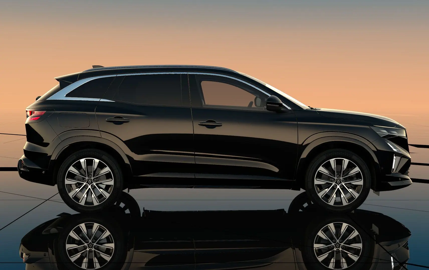Profil droit du Renault Austral Full Hybrid noir étoile, soulignant ses jantes alliage et lignes fluides au coucher du soleil.