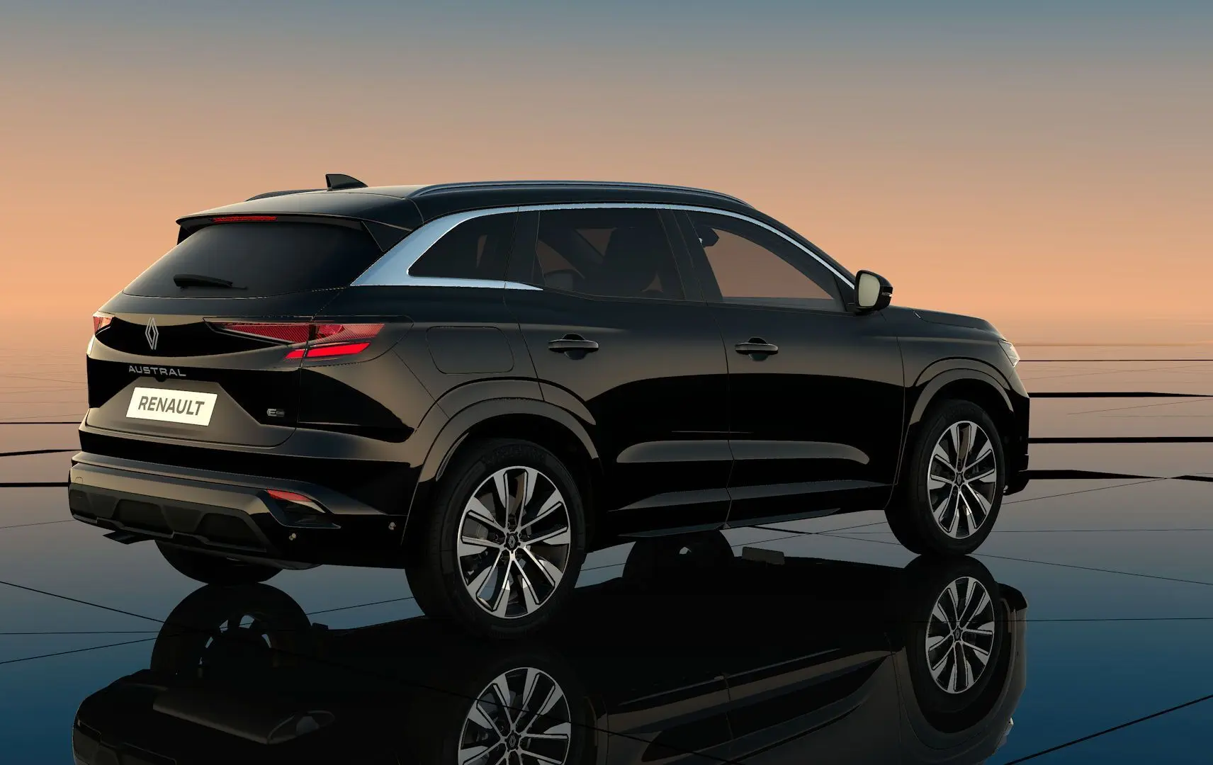 Renault Austral noir étoile en 3/4 arrière droit, mettant en valeur ses feux LED et jantes alliage 19 pouces.
