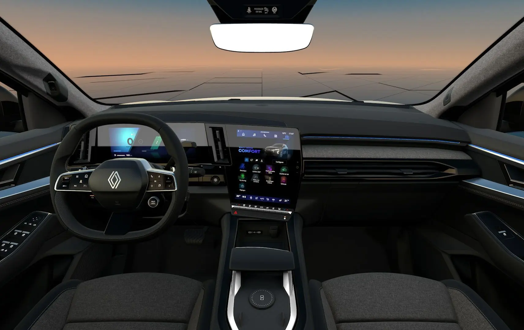 Vue intérieure du tableau de bord du Renault Austral noir étoile 2026, avec écran tactile vertical et volant multifonction.