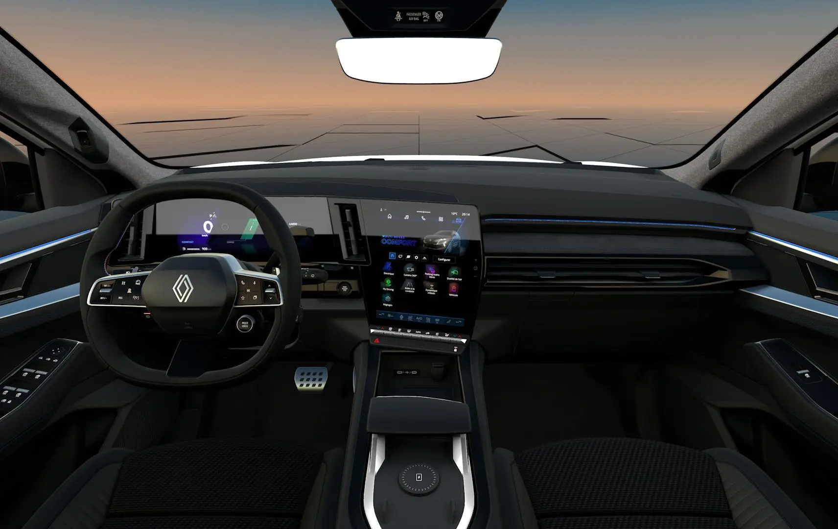 Vue intérieure avant du Renault Austral Esprit Alpine hybride, tableau de bord noir avec écran tactile vertical et volant multifonction.