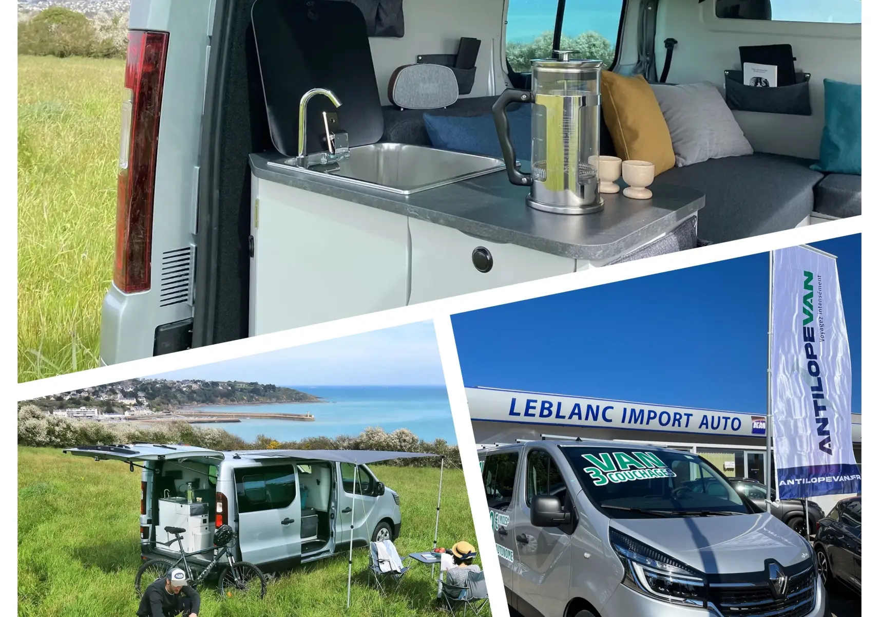 Renault Trafic Fourgon gris platine en 3/4 avant droit devant concession avec aménagement intérieur visible.