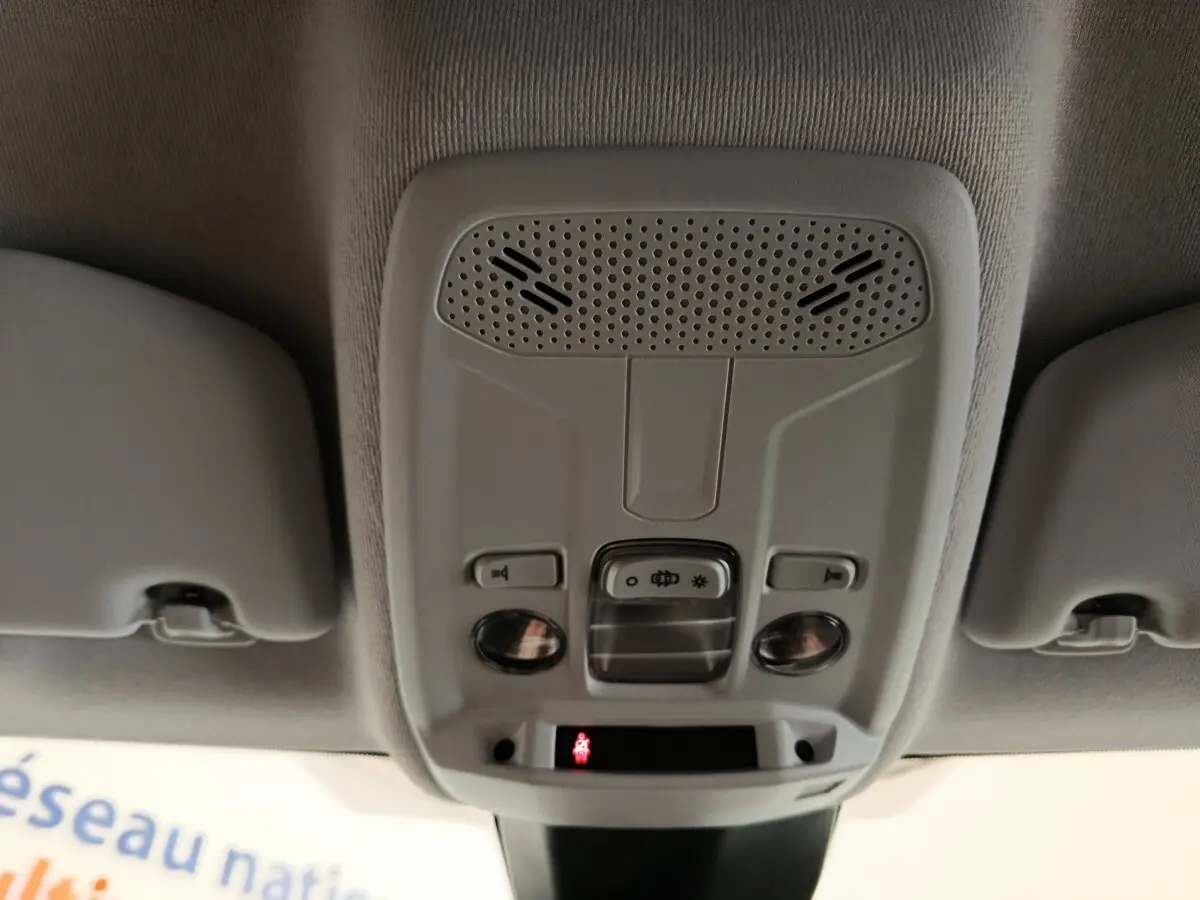 Plafonnier intérieur gris clair avec commandes d’éclairage et haut-parleurs, vue de dessous dans une Peugeot 208 blanche.