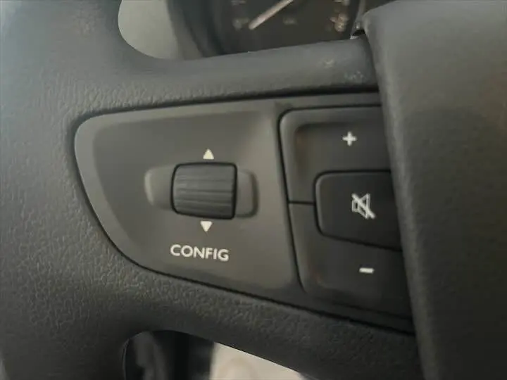Gros plan sur les commandes de configuration et volume sur le volant noir du Fiat Scudo Fourgon blanc.