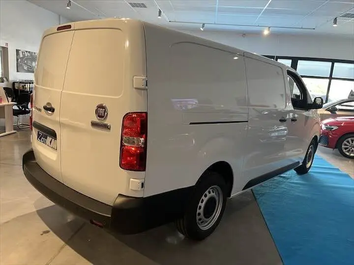 Vue 3/4 arrière droite d'un FIAT Scudo Fourgon blanc exposé en intérieur avec portes arrière fermées.