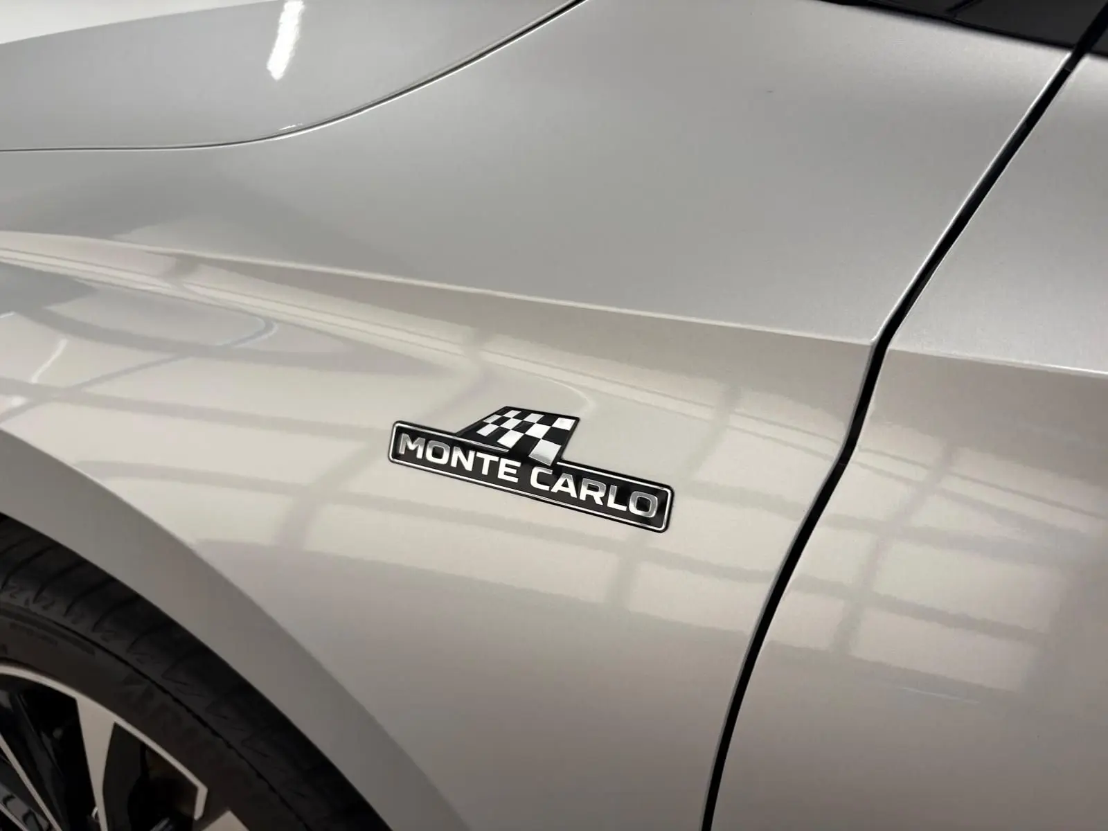 Gros plan sur l'aile avant droite gris argent d'une Skoda Fabia Monte Carlo avec logo distinctif noir et damier.