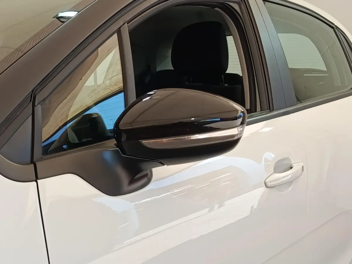 Vue rapprochée du côté gauche d'une Citroën C3 blanche 2020, avec rétroviseur noir brillant et poignée de porte visible.