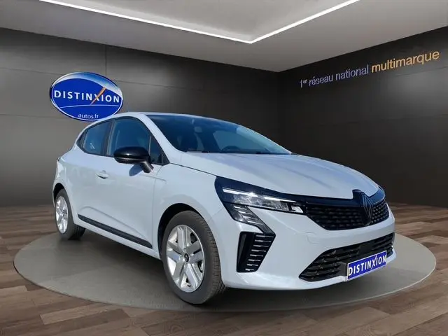 Renault Clio V gris Rafale vue 3/4 avant droit, avec phares Full LED et jantes alliage 16 pouces.