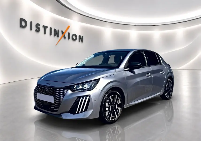 Peugeot 208 1.2 100 Allure gris Artense vue 3/4 avant avec phares LED et jantes alliage noires.