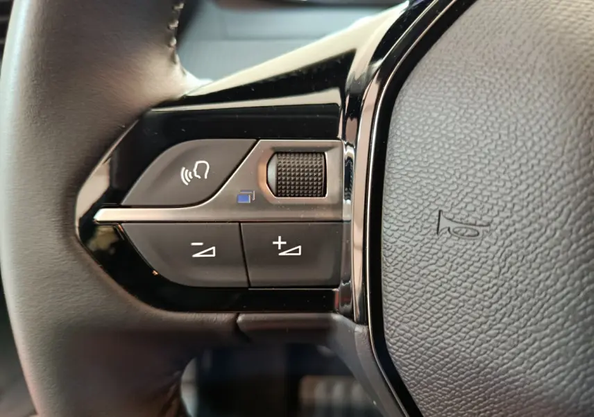 Gros plan sur les commandes vocales et volume du volant cuir noir d'une Peugeot 208 gris clair 2025 PureTech Allure