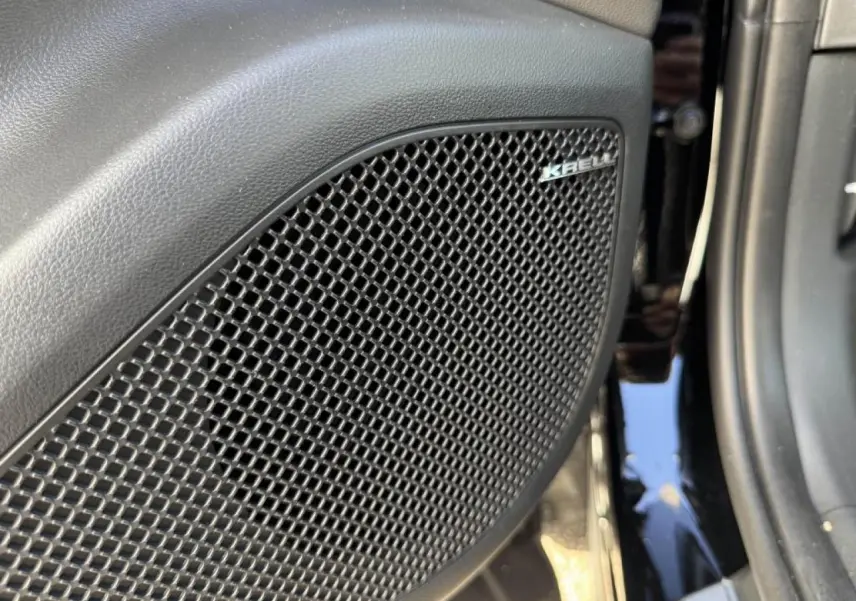 Gros plan sur le haut-parleur KRELL intégré à la porte intérieure du Hyundai Tucson noir Abyss Metal.