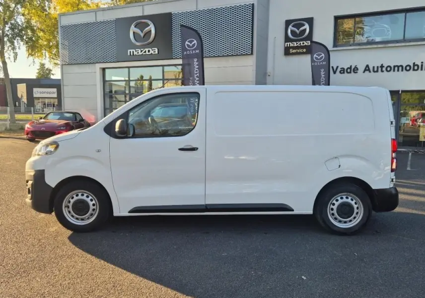 Vue de profil côté gauche d’un fourgon Citroën Jumpy blanc, stationné devant un concessionnaire Mazda.
