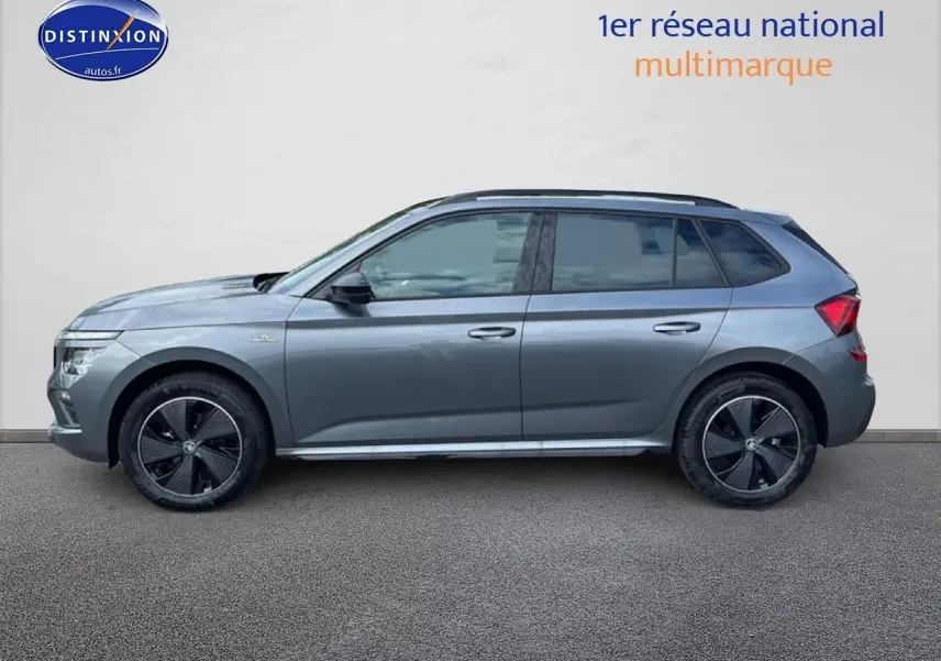 Vue de profil côté gauche d’un Skoda Kamiq gris graphite avec jantes noires et toit panoramique.
