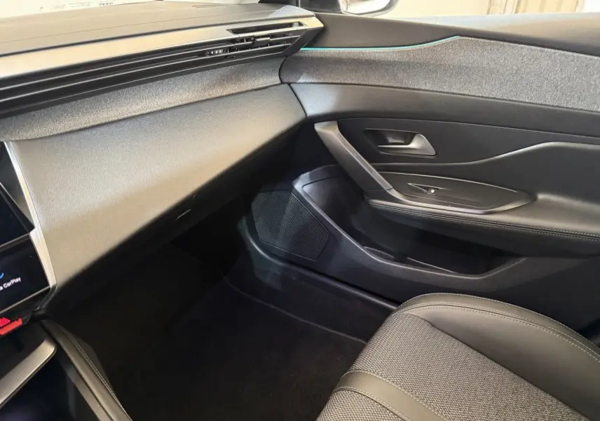 Vue intérieure côté passager avant du Peugeot 308 gris foncé, mettant en valeur la porte et la console épurée.