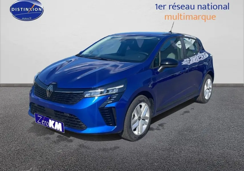 Renault Clio V bleu iron vue 3/4 avant droit, avec phares LED et jantes alliage argentées.