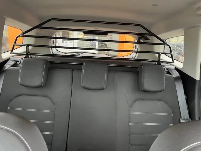 Vue intérieure arrière du Dacia Duster blanc Glacier 2019, montrant la banquette arrière noire avec appuis-tête et grille de protection.