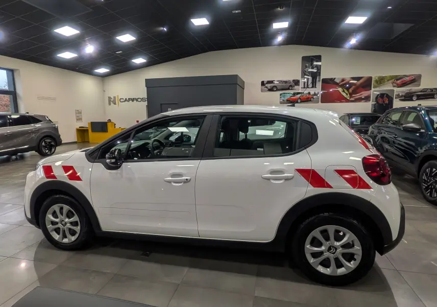 Profil côté gauche d'une Citroën C3 Société blanc banquise avec bandes rouges distinctives sur ailes avant et arrière.