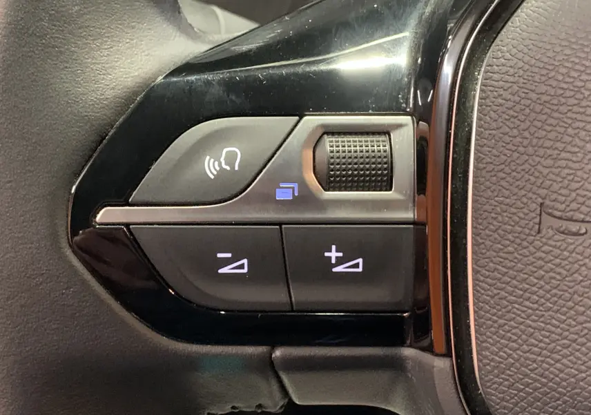 Gros plan sur les commandes de volume et de reconnaissance vocale sur le volant noir de la Peugeot 208 gris 2021.